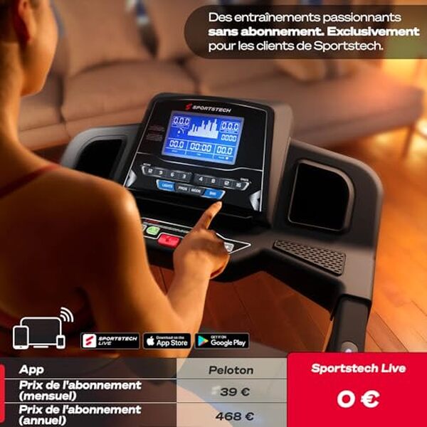 Découvrez notre test complet du tapis de course pliable Sportstech F31 : capteurs cardio intégrés, vitesse jusqu'à 16 km/h et design compact pour votre domicile.