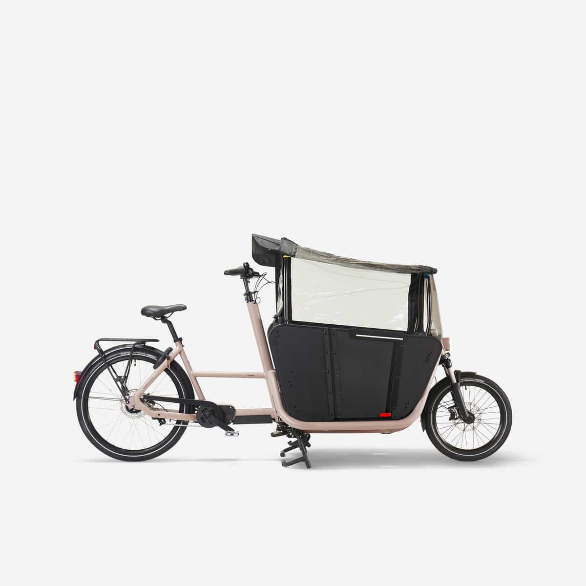 Test Decathlon : vélo cargo électrique biporteur famille f900e taupe